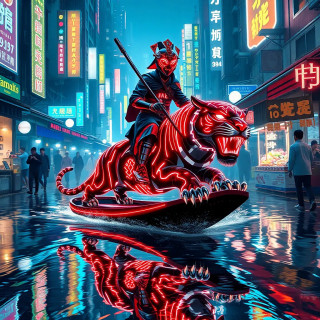 A neon-lit samurai riding a cybernetic tiger through a floating market in a monsoon, reflections shimmering on wet holographic streets.