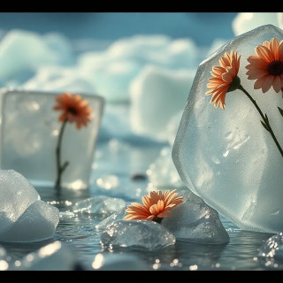 Flowers frozen inside blocks of ice, suspended in a glacial river, ethereal and melancholic, cinematic lighting.