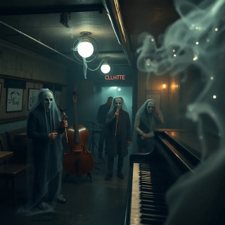A haunted jazz club in a forgotten subway station: ghostly musicians, smoke-shaped patrons, and piano keys that drip liquid starlight.