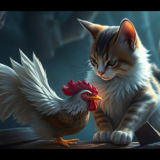 beautiful cat playing with a chiken
