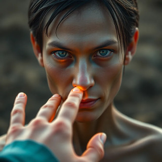 First contact with an alien species—human and extraterrestrial fingertips touching, glowing light between them.