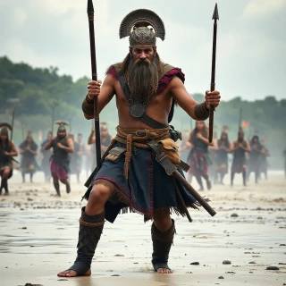 Ancient warrior with his army, fighting ghosts in the beach