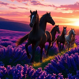 “Wild horses galloping across rolling lavender fields in Provence, long shadows, sun just kissing horizon, motion blur on hooves, photographic, panoramic view”