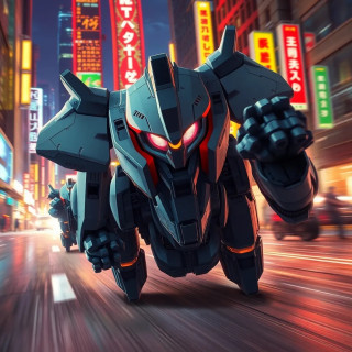 High-speed mecha chase through neon city streets at night, dynamic motion blur, expressive character faces, detailed anime background