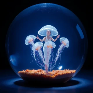 “Holographic jellyfish ballet inside a glass sphere” – photoreal 3D, caustic light play