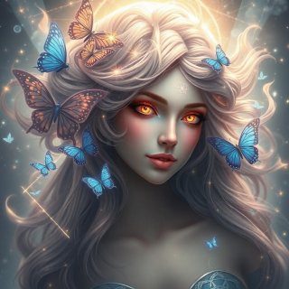 A celestial goddess with galaxies swirling in her hair, glowing eyes, surrounded by cosmic butterflies, ethereal light, fantasy realism, soft focus, highly detailed