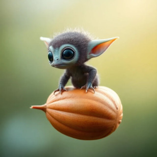 A tiny, furry alien with big eyes and wing-like ears, riding a floating seed pod like a balloon, Pixar-style charm.