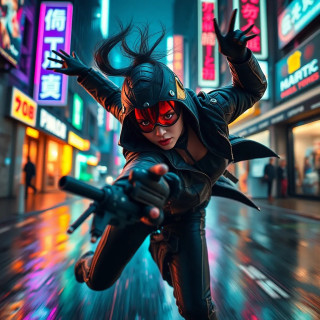 Cyberpunk assassin mid-backflip, dodging bullets as neon signs reflect off her visor, rain-slick streets, motion blur for speed.