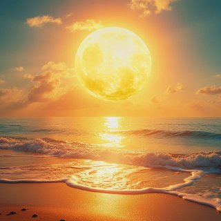 Realistic image of Sun on a beachside, outshining sun, use bright colors and joyful sunny day