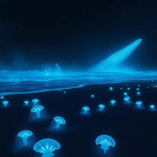 A black-sand beach where waves glow electric blue as they crash, illuminating strange coral-like formations. The ocean is dotted with floating, jellyfish-like organisms pulsing softly. In the distance, a massive bioluminescent whale breaches the surface. Moody, dramatic, and magical.