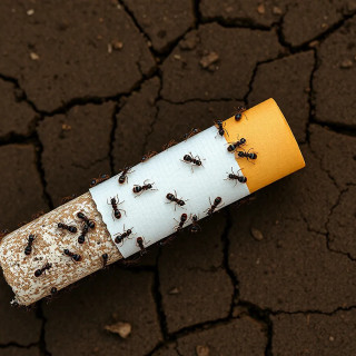 A full, unbroken cigarette being carried by a large group of ants, all visible from a top-down perspective, macro photography style, realistic lighting, clear texture on cigarette paper and filter, cracked soil background, ants surrounding the cigarette in an organized pattern, working together to lift it, no part of the cigarette cropped, entire object centered in the frame