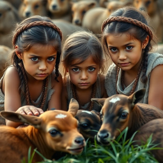 3 Little girls playing in the year 500 BC, realistic, domestic animals around the 3 girls