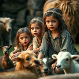 3 Little girls playing in the year 500 BC, realistic, domestic animals around the 3 girls