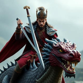 Ancient prince holding a sword and riding dragon, ultra realistic, medium shot