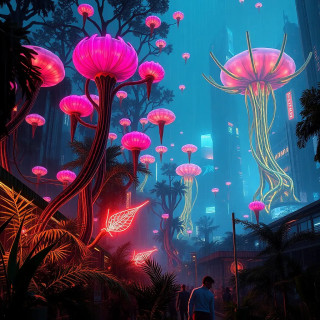 A glowing alien jungle with towering bioluminescent trees, floating seed pods, and neon vines that pulse with light, inspired by Pandora’s flora, ultra-detailed 8K.