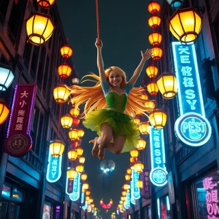 “Rapunzel swinging from her glowing hair between towering lantern-lit spires, joyful shout, Pascal clutching on, dynamic Dutch angle”
