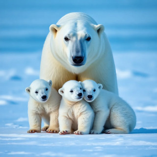 A mother polar bear nuzzling her cubs on an Arctic ice floe, icy blue tones.