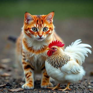 beautiful cat playing with a chiken
