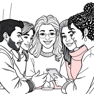 Diverse people interacting with a responsive multi-platform UX (desktop, tablet, and mobile), each adapting perfectly to different user needs. The environment is cozy and modern, with clear UI elements and emotionally engaging visuals — digital art or flat vector style.
