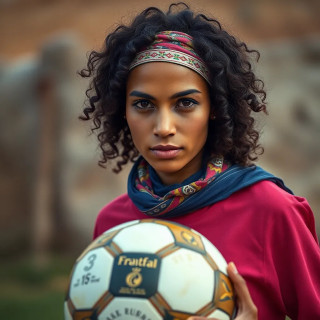 Moroccan woman playing football with curly hair brown eyes wearing a Takchita