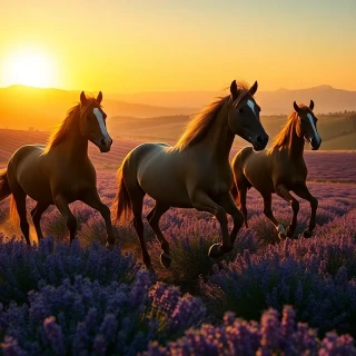 “Wild horses galloping across rolling lavender fields in Provence, long shadows, sun just kissing horizon, motion blur on hooves, photographic, panoramic view”