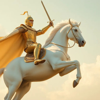A knight in shining gold armor rides a magnificent white unicorn. The knight, positioned slightly to the right of center, is mid-stride, with a triumphant pose, holding a golden sword aloft.  His armor is detailed, showcasing intricate patterns and gleaming surfaces. He wears a flowing, off-white cape that billows behind him. The unicorn is a pure white, with a large horn on its forehead.  The horse is in a dynamic, rearing pose, with all four legs off the ground. The background features a pale blue sky dotted with soft, fluffy white clouds.  Warm, golden light bathes the scene, creating a dramatic and heroic atmosphere. The image has a stylized, somewhat romanticized aesthetic, evoking a sense of fantasy and adventure. The perspective is slightly from below, emphasizing the height and grandeur of the scene.  The composition is balanced, focusing attention on the knight and unicorn in the foreground against the sky. Shot from 25 feet, not cropped