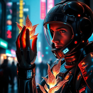 A human explorer in a high-tech exosuit, examining a glowing alien plant that reacts to their touch, cyberpunk-meets-Pandora.