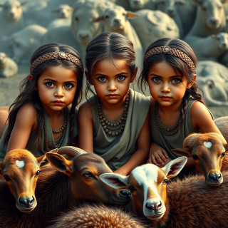3 Little girls playing in the year 500 BC, realistic, domestic animals around the 3 girls
