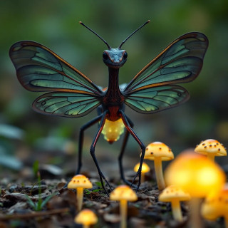 A docile hexapod creature with a long neck, butterfly-like wings, and a glowing underbelly, grazing on luminous mushrooms.