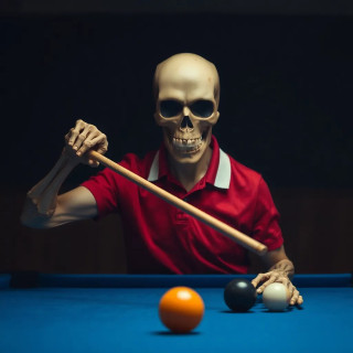 A person with a skull mask is playing billiards.  The subject, appearing middle-aged, is positioned in the mid-ground, slightly angled toward the right side of the image, and centered horizontally within the frame.  The skull mask is a light beige color, and the person is wearing a red polo shirt with a white collar. The figure's arms and hands are skeletal in appearance, articulated with visible bone structure. The figure's body type appears lean and muscular. The subject is aiming a pool cue at two billiard balls.  The billiards table is a deep blue color, and the lighting is focused on the figure and the action. The composition is tightly framed, concentrating the viewer's attention on the striking action.  The atmosphere is dark, dramatic, and slightly morbid, focusing on the surreal contrast of the skeletal form and the game.  Two billiard balls, one yellow, one red, are visible on the table.  The style is photorealistic with stylized elements, enhancing the surreal theme.