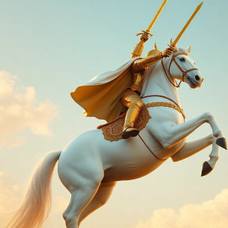 A knight in shining gold armor rides a magnificent white unicorn. The knight, positioned slightly to the right of center, is mid-stride, with a triumphant pose, holding a golden sword aloft.  His armor is detailed, showcasing intricate patterns and gleaming surfaces. He wears a flowing, off-white cape that billows behind him. The unicorn is a pure white, with a large horn on its forehead.  The horse is in a dynamic, rearing pose, with all four legs off the ground. The background features a pale blue sky dotted with soft, fluffy white clouds.  Warm, golden light bathes the scene, creating a dramatic and heroic atmosphere. The image has a stylized, somewhat romanticized aesthetic, evoking a sense of fantasy and adventure. The perspective is slightly from below, emphasizing the height and grandeur of the scene.  The composition is balanced, focusing attention on the knight and unicorn in the foreground against the sky.