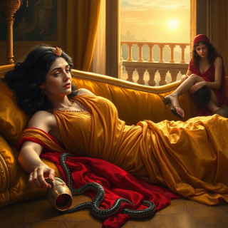 A dramatic, emotionally charged scene of Cleopatra VII's suicide in her Alexandrian palace, 30 BCE. The last Pharaoh of Egypt, a beautiful yet weary woman with Hellenistic features (copper skin, wavy black hair, a diadem resting askew on her brow), lies lifeless on a golden couch, draped in sheer crimson and gold linen. A small, venomous Egyptian cobra slithers away from her bare arm, its bite marked by twin punctures. Her hand clutches a rolled papyrus scroll—Caesar’s sealed letter—while a shattered goblet spills wine like blood onto the mosaic floor. Around her, two distraught handmaidens (one Nubian, one Greek) collapse in grief, their robes disheveled, one holding a discarded asp basket. The opulent chamber is bathed in torchlight, its Ptolemaic frescoes fading into shadow as dawn breaks through the balcony, symbolizing Rome’s impending conquest. The composition echoes Baroque paintings—rich colors, chiaroscuro lighting, and tragic grandeur.