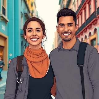 Illustration of a happy latino Argentinian couple walking together in  Buenos Aires.