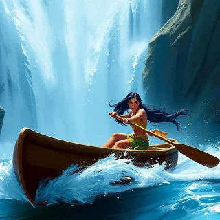 “Pocahontas racing a cascading waterfall in her canoe, wind ribbon streaming, splash detail, fearless exhilaration”