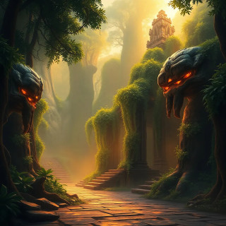 A forgotten temple guarded by stone golems covered in glowing vines, golden light filtering through jungle canopy.