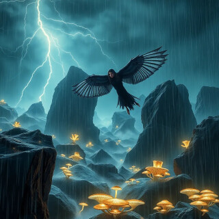 A tempest rages around jagged floating rocks, with lightning striking glowing mineral deposits. Raindrops ignite brief bursts of light as they hit bioluminescent fungi. A lone banshee rides the wind, its wings shimmering with rain. Dynamic, dramatic, and darkly vibrant.