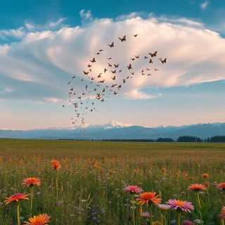 “Butterfly migration cloud swirling above endless meadow of wildflowers, distant snowy peaks framing scene, ultra-high detail, photographic, panoramic view”