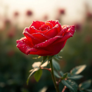 A hyper-realistic close-up of a dew-covered red rose, soft morning light, intricate petals with delicate water droplets, photorealistic style.