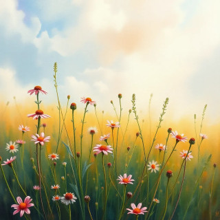 Watercolor painting of wildflowers in a meadow, soft pastel tones, loose brushstrokes, impressionist style.