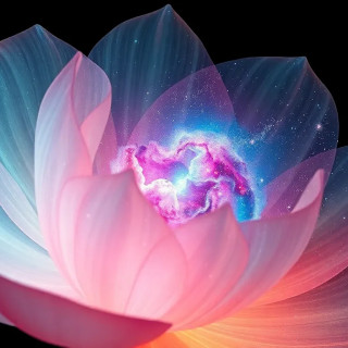 A giant translucent flower with a galaxy inside its petals, stars and nebulas swirling, dreamy and surreal.
