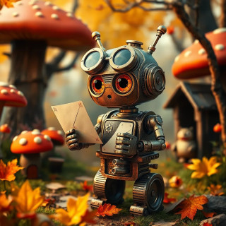 A tiny steampunk robot delivering letters to woodland creatures in a mushroom village, warm autumn colors.