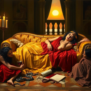A dramatic, emotionally charged scene of Cleopatra VII's suicide in her Alexandrian palace, 30 BCE. The last Pharaoh of Egypt, a beautiful yet weary woman with Hellenistic features (copper skin, wavy black hair, a diadem resting askew on her brow), lies lifeless on a golden couch, draped in sheer crimson and gold linen. A small, venomous Egyptian cobra slithers away from her bare arm, its bite marked by twin punctures. Her hand clutches a rolled papyrus scroll—Caesar’s sealed letter—while a shattered goblet spills wine like blood onto the mosaic floor. Around her, two distraught handmaidens (one Nubian, one Greek) collapse in grief, their robes disheveled, one holding a discarded asp basket. The opulent chamber is bathed in torchlight, its Ptolemaic frescoes fading into shadow as dawn breaks through the balcony, symbolizing Rome’s impending conquest. The composition echoes Baroque paintings—rich colors, chiaroscuro lighting, and tragic grandeur.