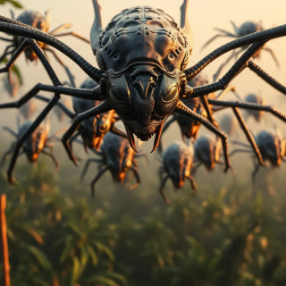 A swarm of insectoid aliens with metallic exoskeletons, descending upon a jungle like a living storm, cinematic terror.