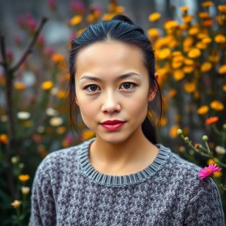 Chinese woman; background: colorful flowers by winter