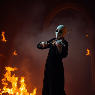 Phantom of the Opera-style figure playing a violin in a burning theater, flames frozen in time.  Phantom of the Opera-style figure playing a violin in a burning theater, flames frozen in time.