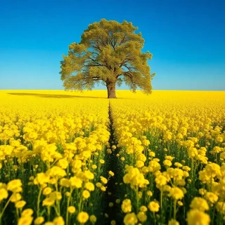 “Endless field of yellow rapeseed under deep blue sky, single oak tree focal point, polarizing filter for vibrant contrast, photographic”