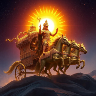 Surya, the Sun God, riding a radiant golden chariot pulled by seven glowing horses across a starry sky, intricate divine armor, Indian art reinterpreted in fantasy style
