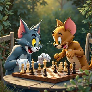 Tom and jerry playing chess in the garden