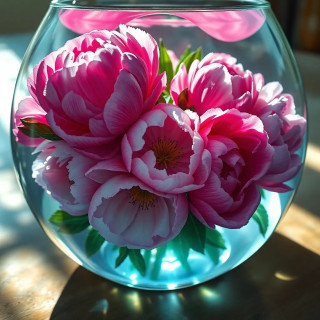 A bouquet of peonies submerged in a glass bowl, sunlight refracting through the water, creating dreamy light patterns, photorealistic.