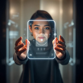 A modern, elegant digital interface with glowing soft edges, floating UI elements, and intuitive navigation — a futuristic user experience concept shown from a slightly angled top-down view. The scene includes human hands interacting naturally with the interface, surrounded by ambient lighting, clean gradients, and abstract motion trails symbolizing speed and ease of use. The overall mood is sleek, innovative, and inviting — ultra-realistic or cinematic style.